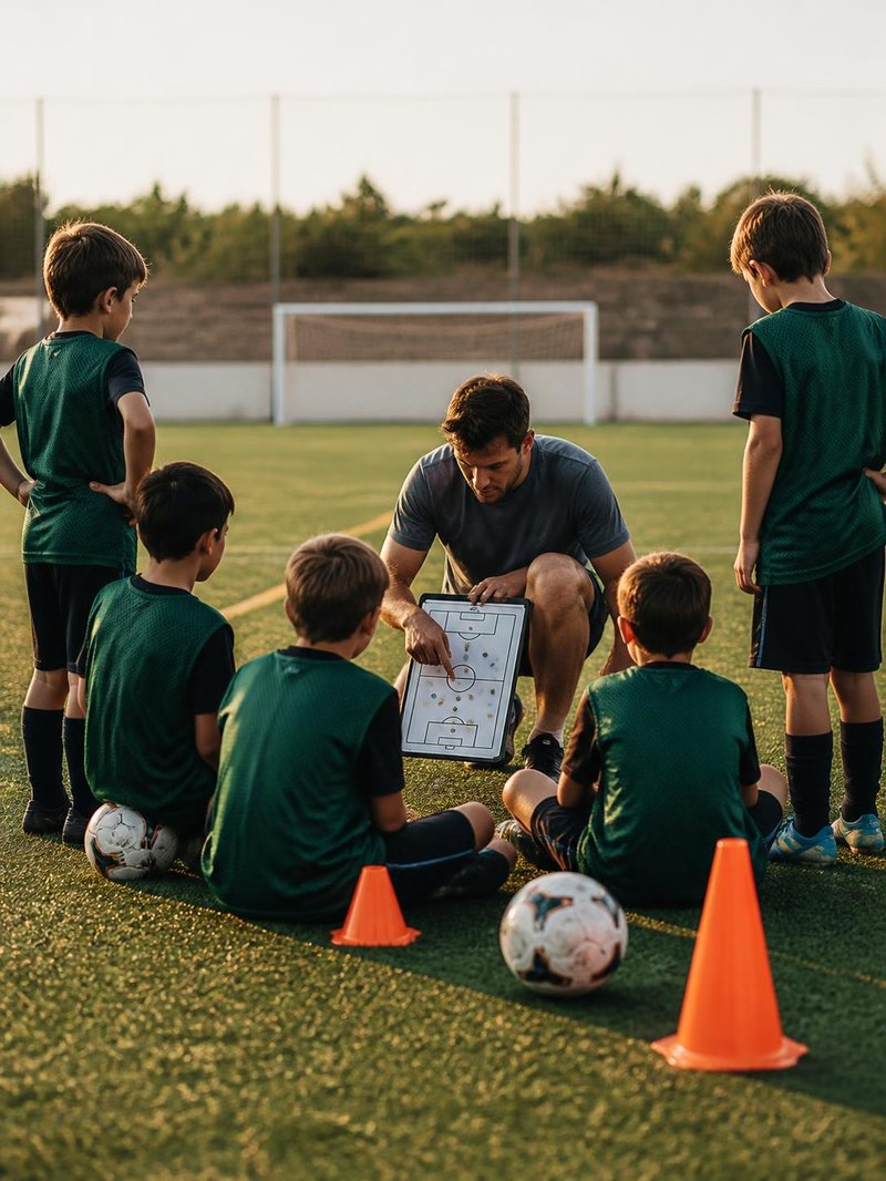 Entrenador explicando una jugada a niños de una escuela de fútbol